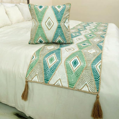 The HomeCentric King/Queen/Twin Green Designer CA King 86"x18" Bed Runner with 2 Pillow Cover, Aztec, Jute Embroidery, Quilted, Tassels, Jute, Moroccan & Tribal Bed Scarf Cotton Fabric - Chantico