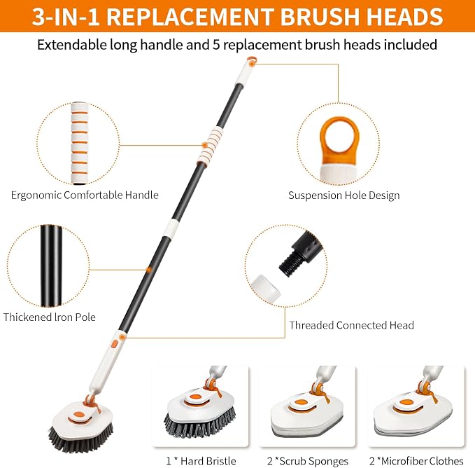 Bathroom Scrub Brush with Long Handle, 3-in-1 Tub and Tile Cleaner with 5 - Image 2