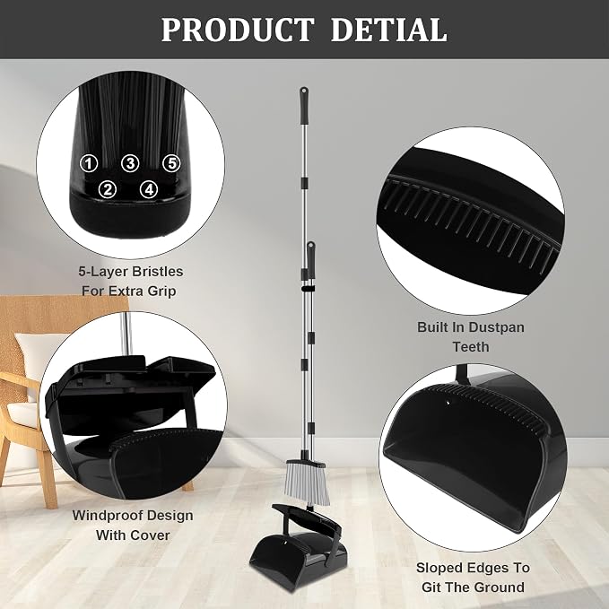 Broom and Dustpan Set, Windproof Standing Dust pan - Image 2