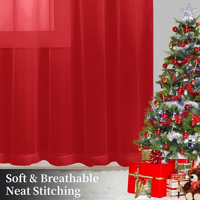 Sheer Curtains 72 Inches Long 2 Panels, Rod Pocket Short Curtain for Kitchen, Bedroom, Cafe Window(Christmas Red 38" W x 72" L)