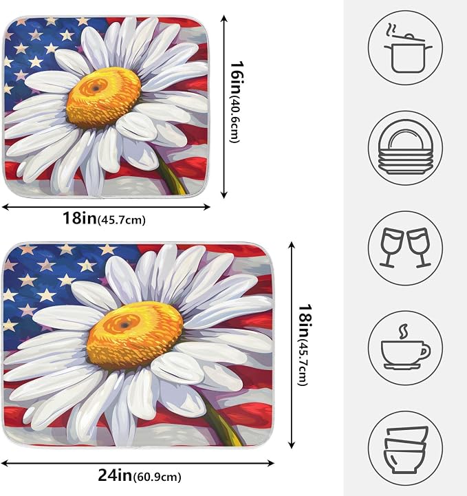 Daisy Flowers and American Flag Dish Drying Mat - Image 2