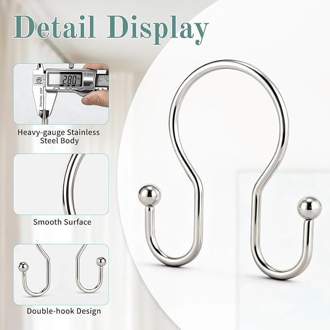 Goowin Shower Curtain Hooks, Stainless Steel Shower Curtain Hangers, Metal - Image 4