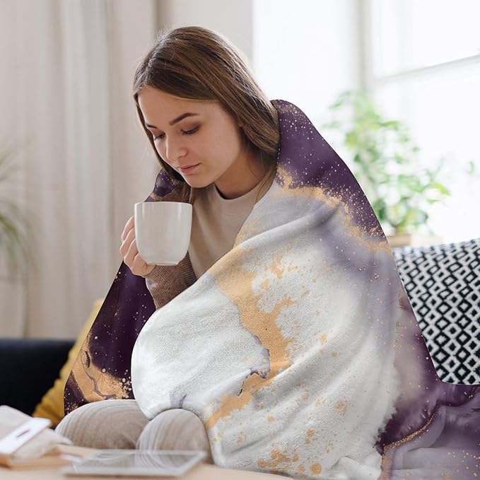 Modern Marble Blanket, Abstract Luxury Baroque Golden Purple White Stone Veins Pattern Soft Warm Cozy Plush Flannel Covers for Livingroom Bedroom Couch Chair Camping Travel Home Decor Tapestry 30x40in