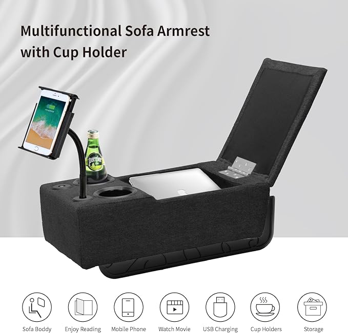 Removable Sofa Armrest with Cup Holder, PU Leather Multifunctional Couch Caddy Storage Arm Rest with Power Wireless Charging Stand & LED Reading Light for Sofa Middle Seat Adjustable
