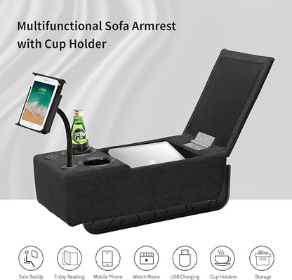 Removable Sofa Armrest with Cup Holder, PU Leather Multifunctional Couch Caddy Storage Arm Rest with Power Wireless Charging Stand & LED Reading Light for Sofa Middle Seat Adjustable