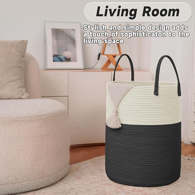 Large Woven Laundry Basket Hamper, 80L Cotton Rope Storage Bin - Image 3
