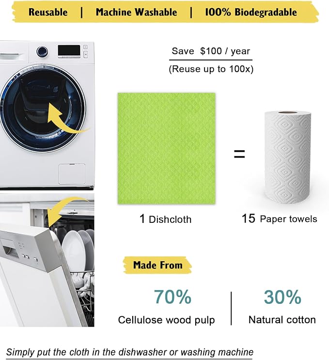 Swedish Dishcloths for Kitchen | 6 Pack Absorbent Cellulose Sponge Cloths - Image 4