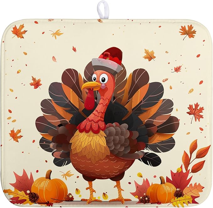 Thankgiving Dish Drying Mat for Kitchen Counter 16x18 Inch Fall Orange Turkey by Wnoesat