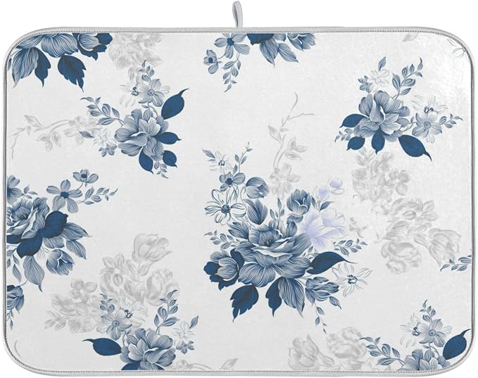 Tarity Watercolor Blue Flower Dish Drying Mat by Unknown