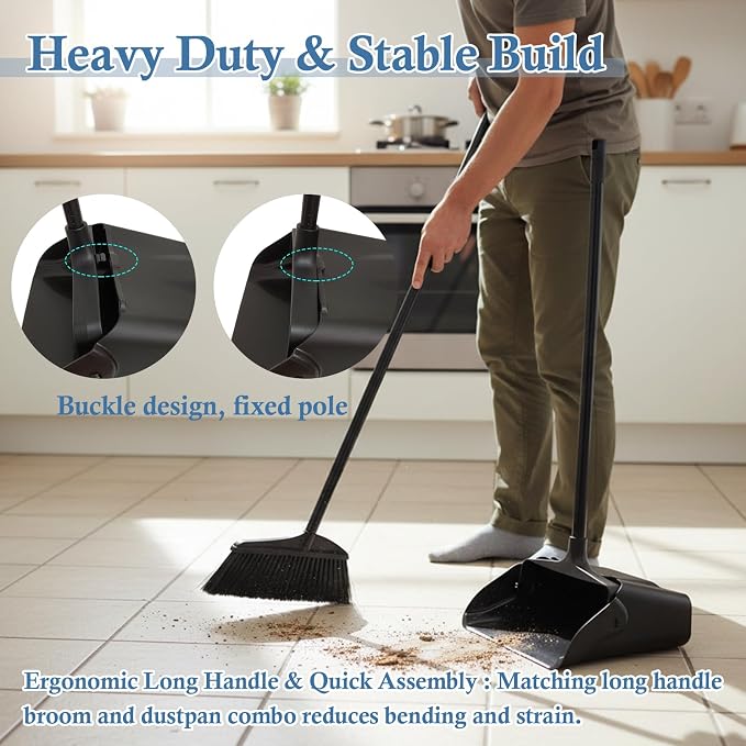 Broom and Dustpan Set with Long Handle and Wheels, Upright Standing Heavy Duty - Image 8