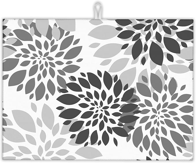 Black White Dahlia Dish Drying Mat by UIUPRO