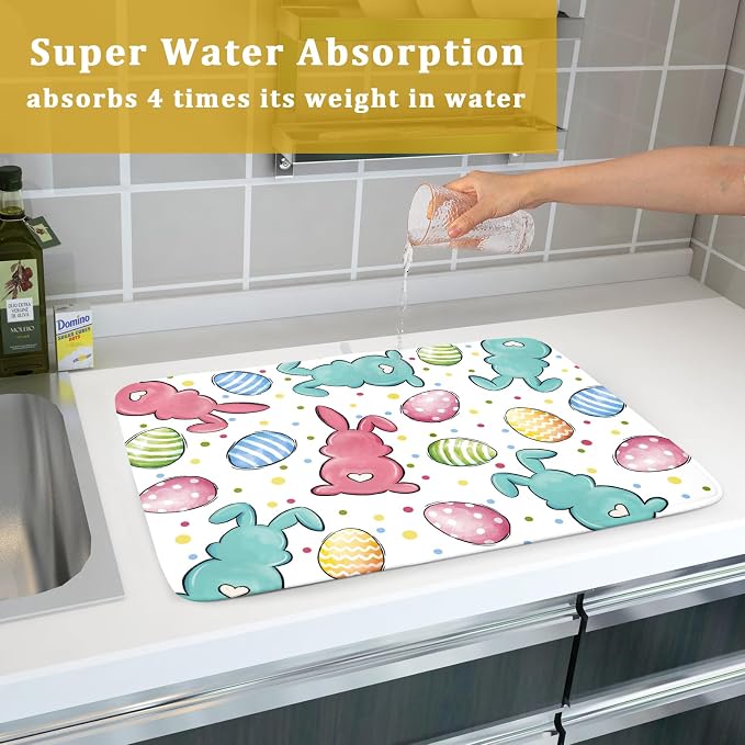 Easter Dish Drying Mat for Kitchen Counter Colorful Bunny Holiday Microfiber - Image 7