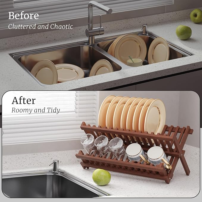 Teak Dish Drying Rack, Folding Collapsible Drainer Plate Organizer Holder - Image 4