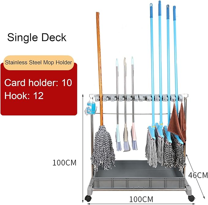 Movable Commercial Mop Rack, Floor Standing Cleaning Tool Cart Storage - Image 2