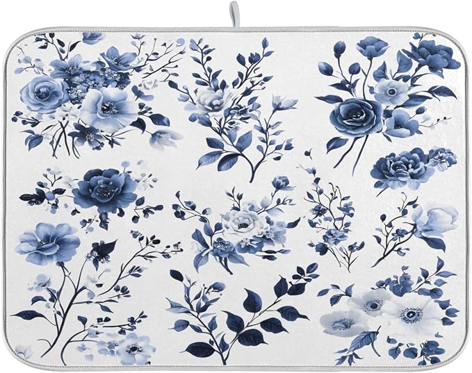 Blue White Porcelain Flower Dish Drying Mat by BOENLE-WELCOMEYOURCOMING