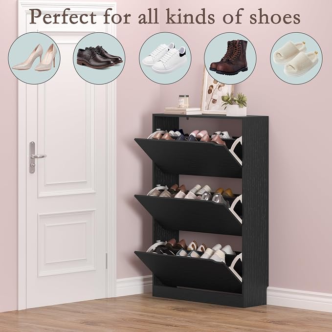 Shoe Storage Cabinet with 3 Flip Drawers, Narrow Shoe Rack Cabinet, - Image 4