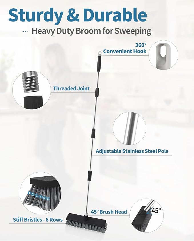 LandHope Hard Bristle Deck Broom Adjustable Long Handle Scrub Brush Heavy Duty - Image 4