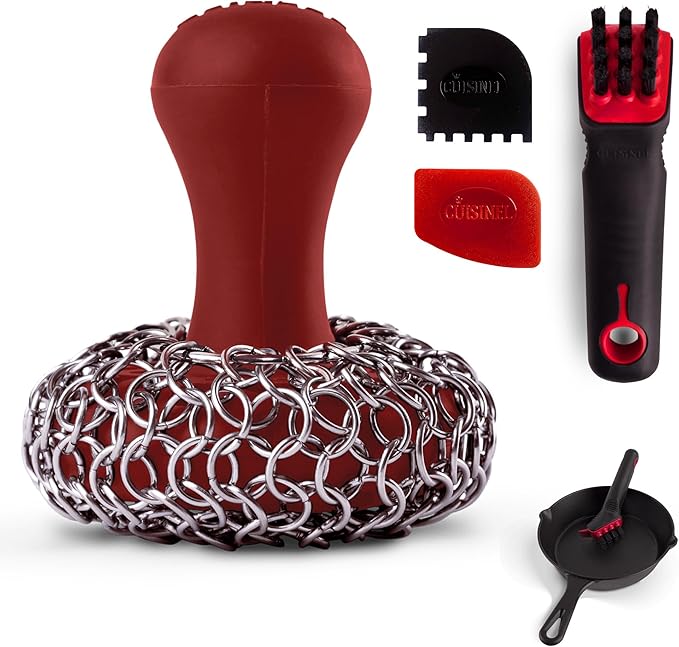 Cuisinel Cast Iron Chain Mail Scrubber + Cleaning Brush + Pan & Grill Scrapers by Cuisinel