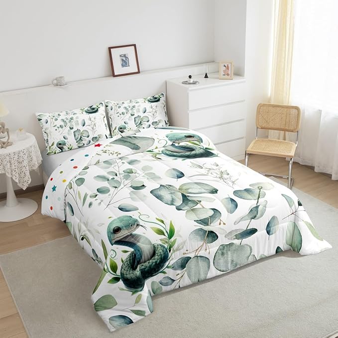 Erosebridal Cute Snake Full Size Comforter Set for Kids Child Green Eucalyptus Bedding Set, Wild Animal Down Comforter Botanical Plant Leaves Bed Set, Cartoon Wildlife Quilted Duvet