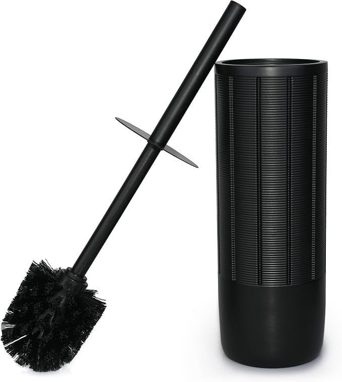 Matte Black Ribbed Design Resin Toilet Bowl Holder and Brush Set, Durable by IndecorHome