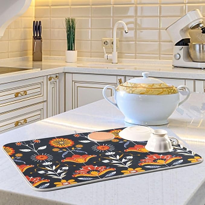 Floral Pattern Traditional Folk Art Dish Drying Mat - Image 6