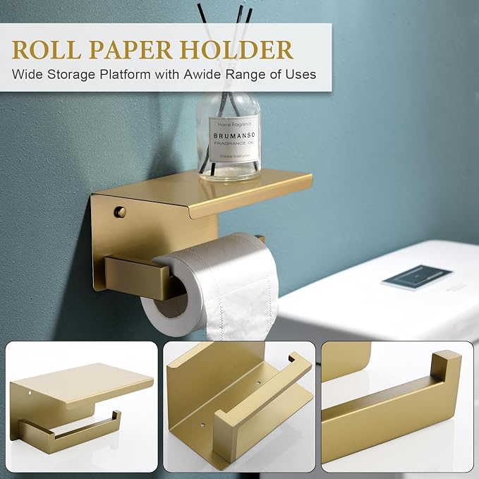 TNOMS 6-Piece Bathroom Hardware Set 23.6 Inch Gold Towel Bar Set Double Towel - Image 3