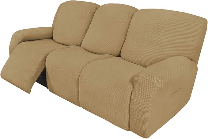 Easy-Going 8 Pieces Recliner Sofa Stretch Sofa Slipcover Sofa Cover Furniture Protector Couch Soft with Elastic Bottom Kids, Spandex Jacquard Fabric Small Checks Golden