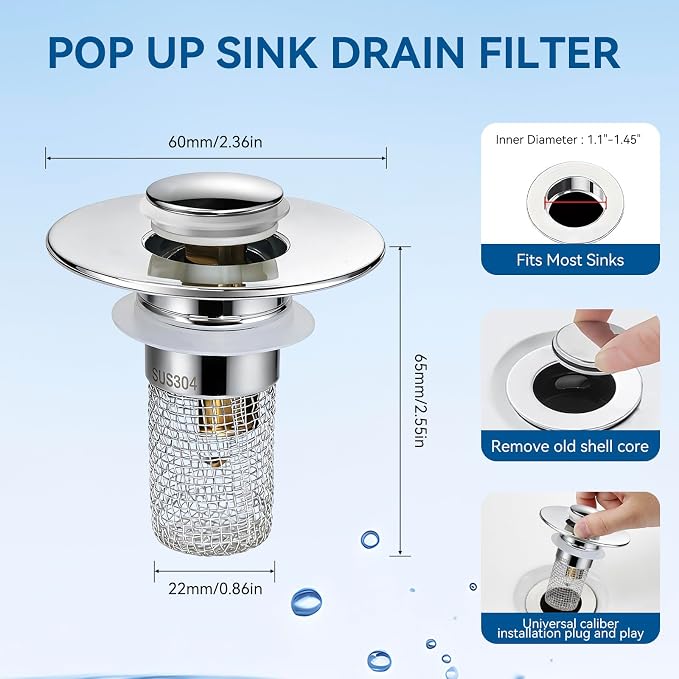 Universal Bathroom Sink Stopper & Hair Catcher, Stainless Steel Drain Filter - Image 4