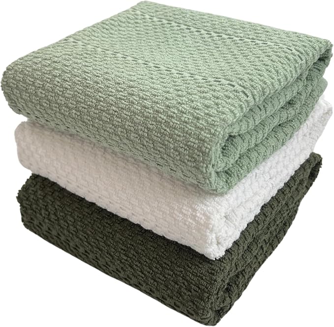 Sage White Dark Green Kitchen Hand Dish Towels: Oversized 28" x 18", 100% by SerafinaHome
