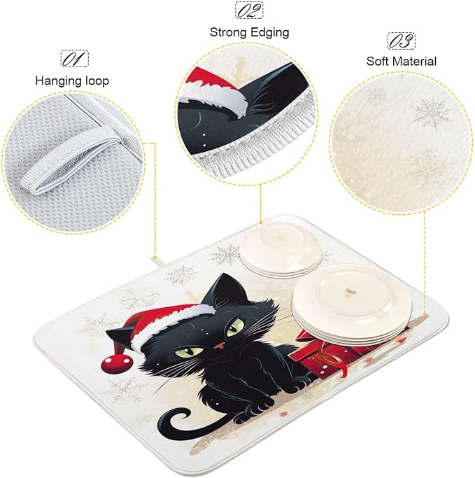 Christmas Dish Drying Mat Kitchen Counter Absorbent Black Cat Coffee Sink Mat - Image 4