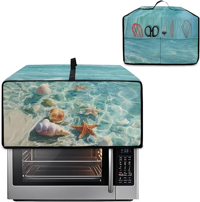 Toaster Oven Cover Washable Small Kitchen Appliance Dust Cover with Pockets, for Air Fryer Toaster Ovens, Microwaves, L, 18.5 x 22.5 x 13 Inches, Blue Beach Starfish Seashell Conch Whelk