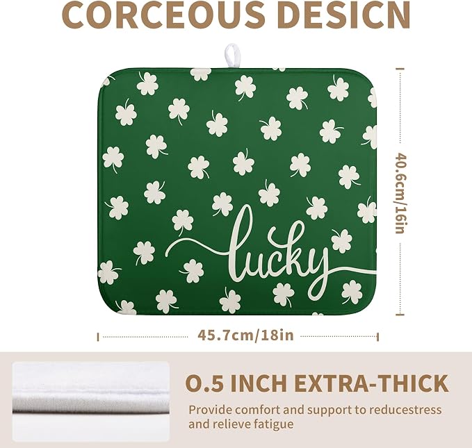 St Patrick Shamrock Drying Mat for Kitchen Counter Green White Lucky Clover - Image 2