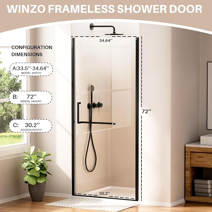 WinZo 33-34" W ×72" H Frameless Pivot Shower Door, Pivot Swing Shower Glass - Image 6