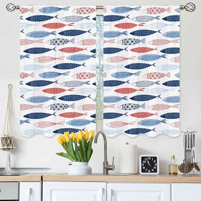 Fish Kitchen Curtains Abstract Colored Fashion Blue Red Pink Striped Wildlife by Unknown