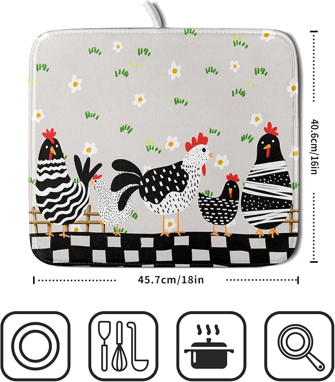Black Rooster Dish Drying Mat for Countertop 16x18 Inches Buffalo Plaid - Image 2