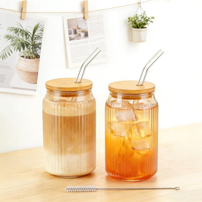 2 PCS Glass cups with Lids and Straws, 16 OZ Iced Coffee Cups, Ribbed Glass - Image 2