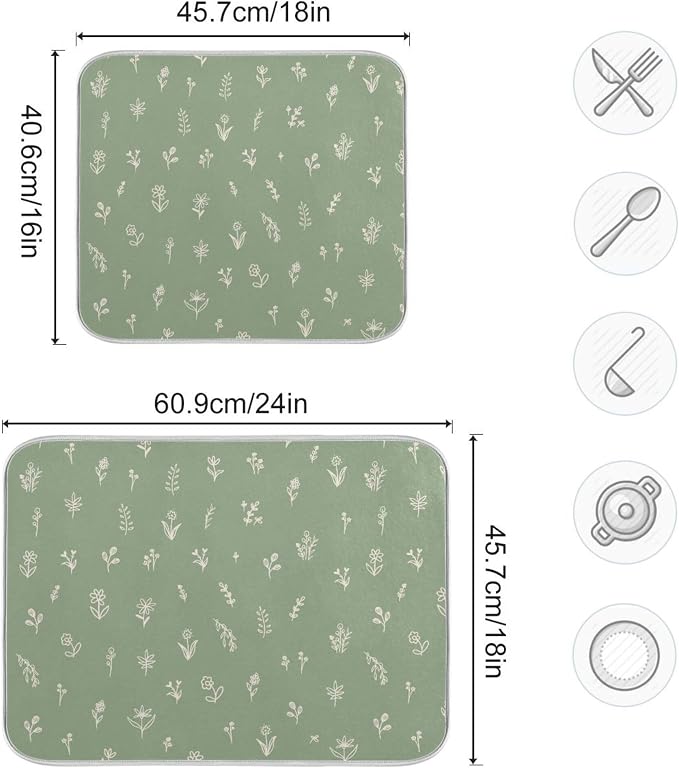 Sage Green Dish Drying Mat Quick Absorbent 18x24 Doodled Botany Flowers Leaves - Image 3