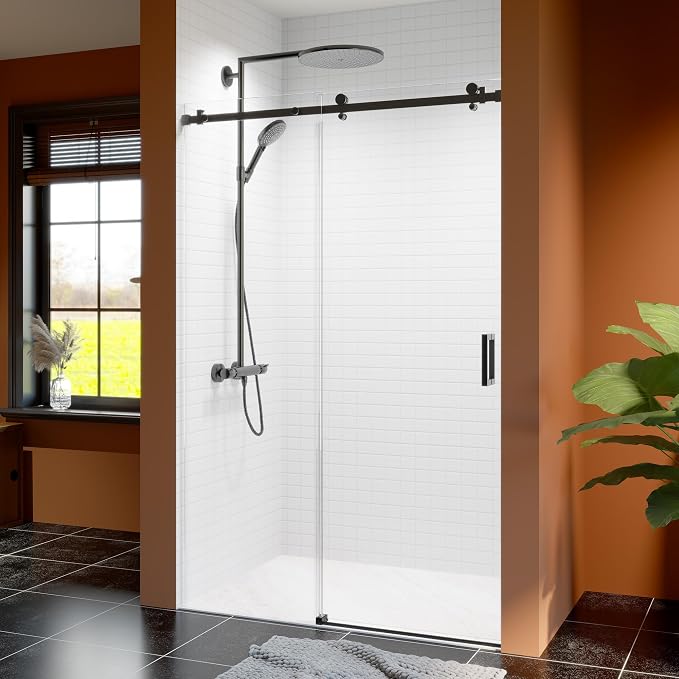 46-48 Inch Frameless Sliding Shower Door, 5/16" Clear Tempered Glass, Smooth by EZONTEQ