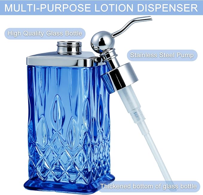 10Oz Diamond Grid Pattern Blue Glass Soap Dispenser - Image 3