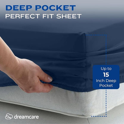 DREAMCARE King Size Sheets Set - Cooling Bed Sheets - 4pcs Set - up to 15" Deep Pocket King Sheet Set – Soft & Long Lasting Cooling - 100% Fine Brushed Polyester with Side Pocket - Navy Blue