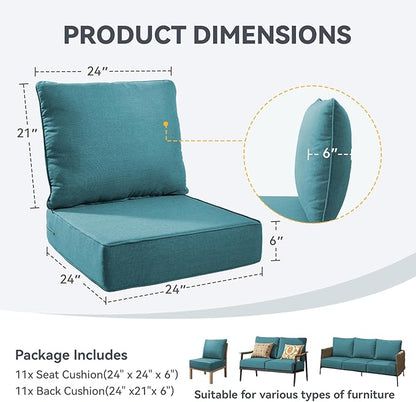 Outdoor Cushion Set for Furniture Patio Furniture, UV Resistant, Water Resistant - 6 Inch Thick Foam Garden Cushions– 24x24 Inch Patio Seat Covers for Chair/Sofa/Couch | Peacock Green | 11-Pack |