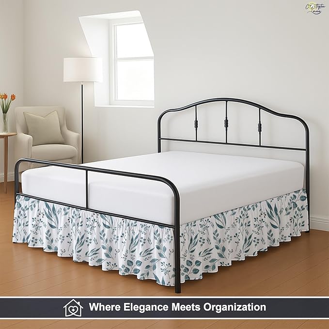 Cottington Lane Ruffled Bed Skirt Queen Size with Split Corner, Brushed Microfiber Hotel Quality Dust Ruffle, 15" Drop Gathered Bedskirt, Soft, Stylish, Shrink & Fade Resistant, Tranquil Green Petals