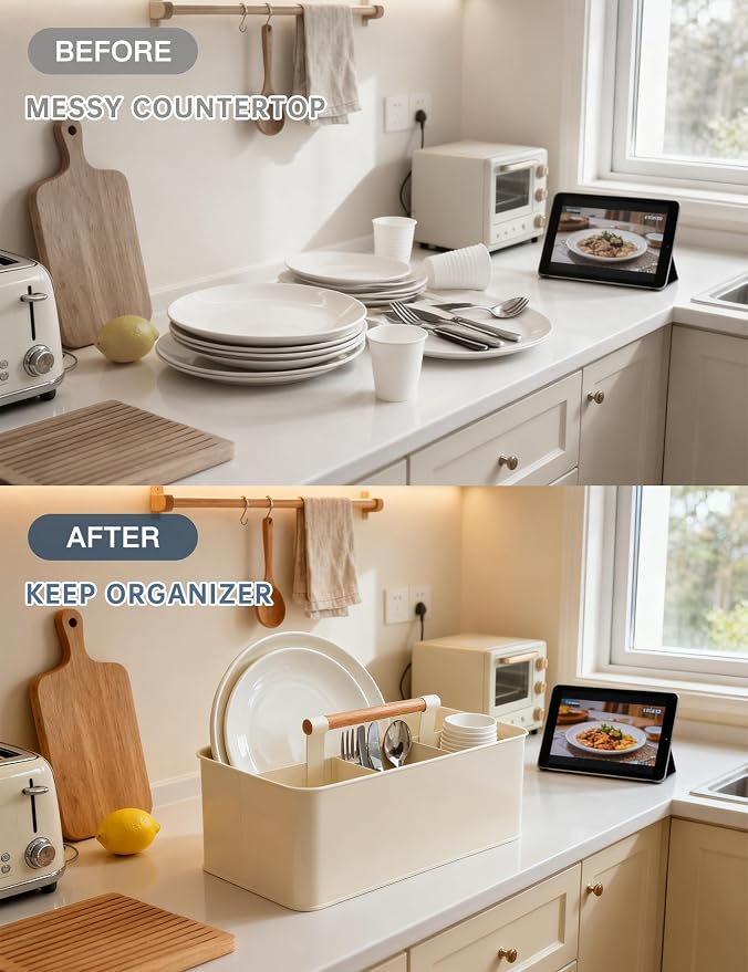 Caddy Organizer with Wooden Handle, Metal Utensil Caddy with 4 Compartments - Image 5