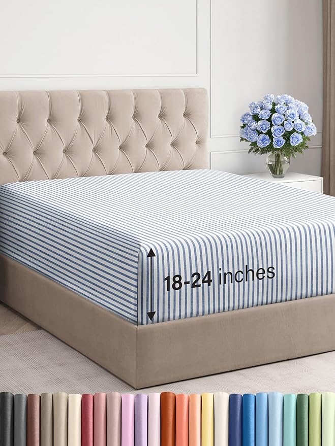 Extra Deep Full Fitted Sheet - Hotel Luxury Single Fitted Sheet Only - Easily Fits 18 inch to 24 inch Mattress - Ultra Soft, Wrinkle Free with Extra Deep Pockets - Breathable & Comfy - Blue Stripes