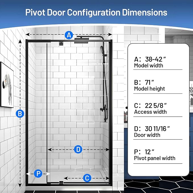 Pivot Glass Shower Door, 38-42" W x 71" H, 1/4" Clear SGCC Tempered Glass - Image 2
