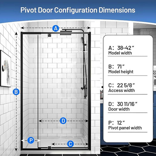 Pivot Glass Shower Door, 38-42" W x 71" H, 1/4" Clear SGCC Tempered Glass - Image 2