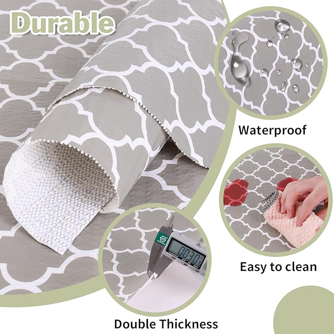 Drawer and Shelf Liner for Kitchen Cabinet: 23.6 in X 20 Ft Non Slip Waterproof Shelf Paper Non Adhesive Refrigerator Liners Gray Quatrefoil Easy Liners for Bathroom Cupboard with Knife Tape Measure