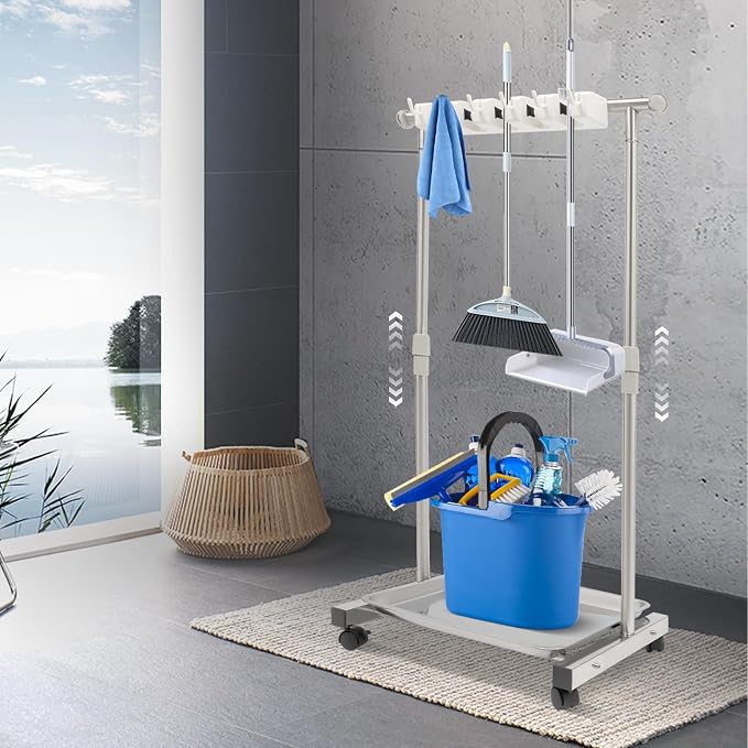 Wet Mops Rack Movable Broom Holder, Movable Closet Storage Cabinet Mop Rack - Image 4