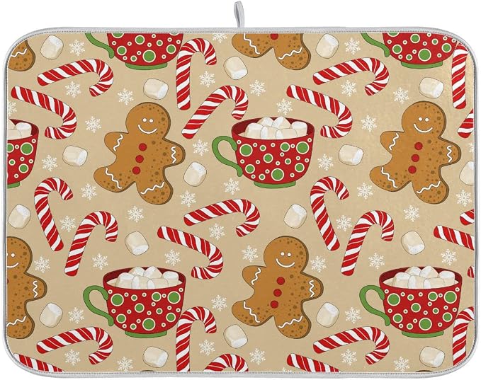 Christmas Gingerbread Man Candy Cane Dish Drying Mat by Wamika
