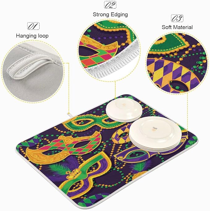 Mardi Gras Dish Drying Mat for Kitchen Mask Beads Confetti Masquerade Party - Image 4